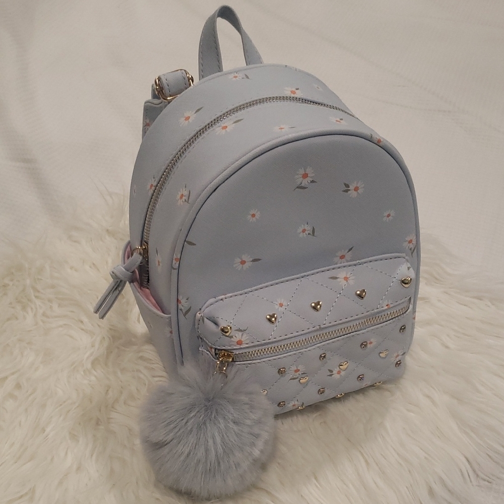 Under One Sky Light Blue Floral Backpack with Pom Pom